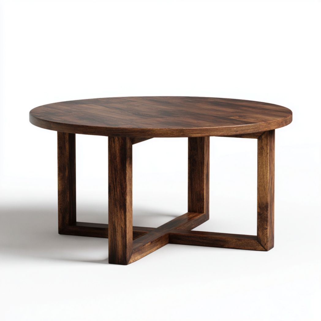 Table basse ronde marron foncé avec base croisée