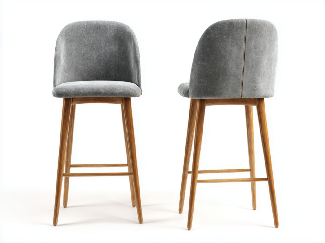 Lot de 2 tabourets de bar velours gris pieds en bois brun clair