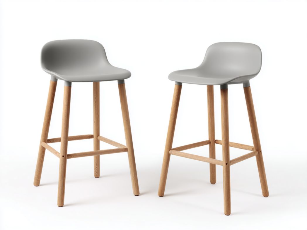 Lot de 2 tabourets de bar avec assise en plastique gris et pieds en bois