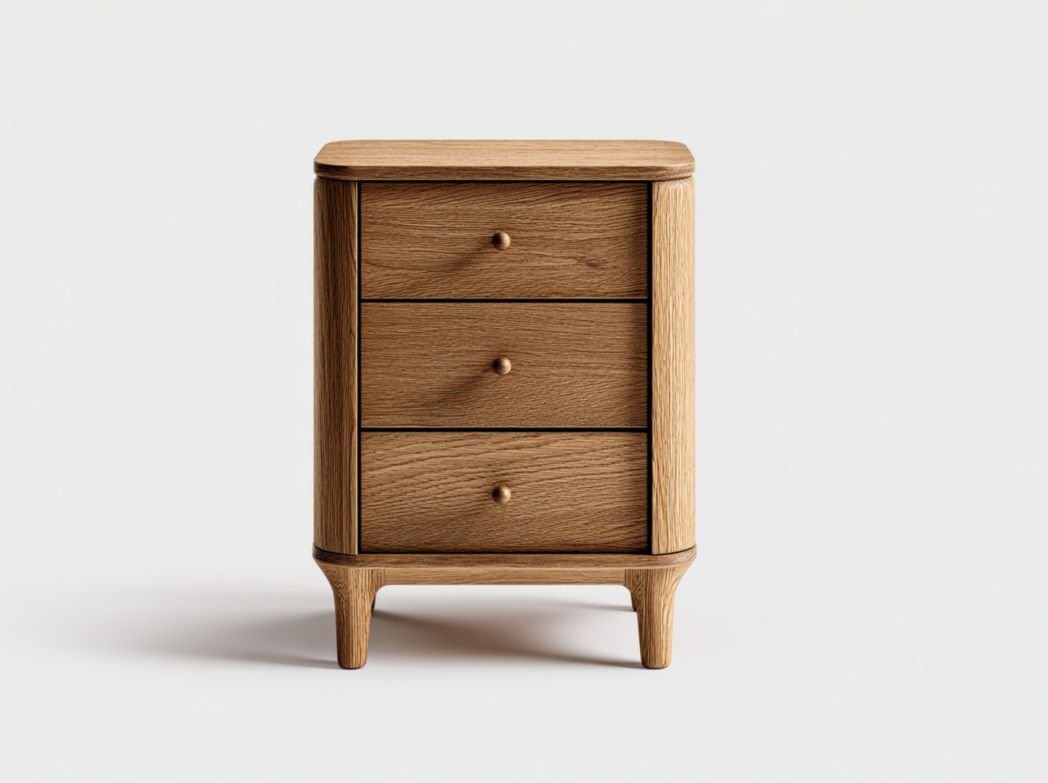 Table de chevet marron clair en bois massif à trois tiroirs