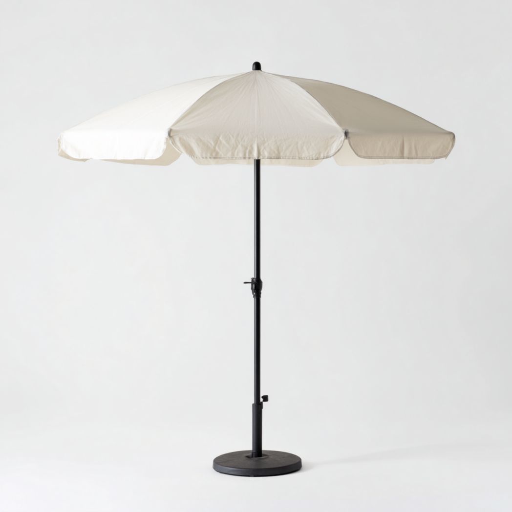 Parasol rond en polyester beige clair, mât et base métalliques noirs