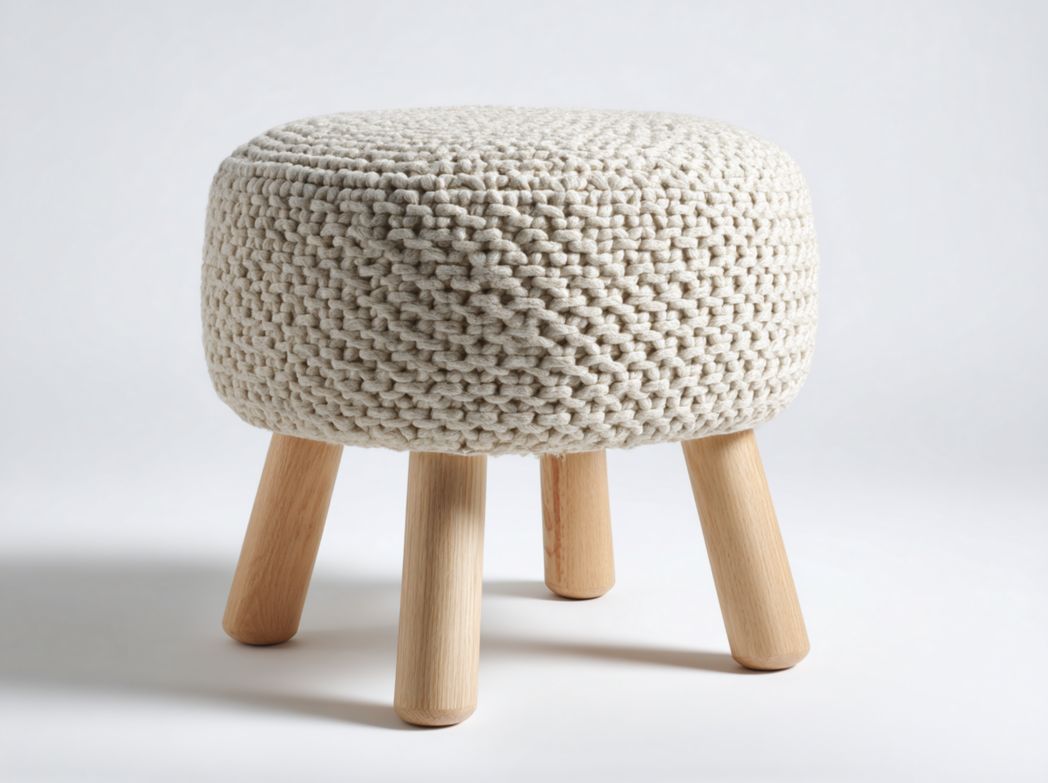 Tabouret rond tricot fil coton mélangé blanc cassé avec pieds en bois brun clair