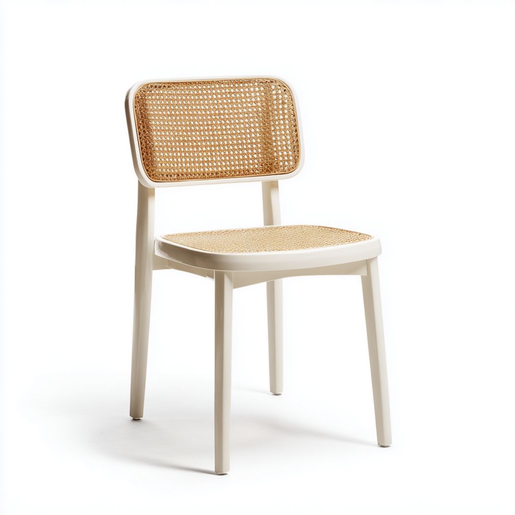 Chaise à manger en bois beige avec dossier et assise en rotin jaune clair