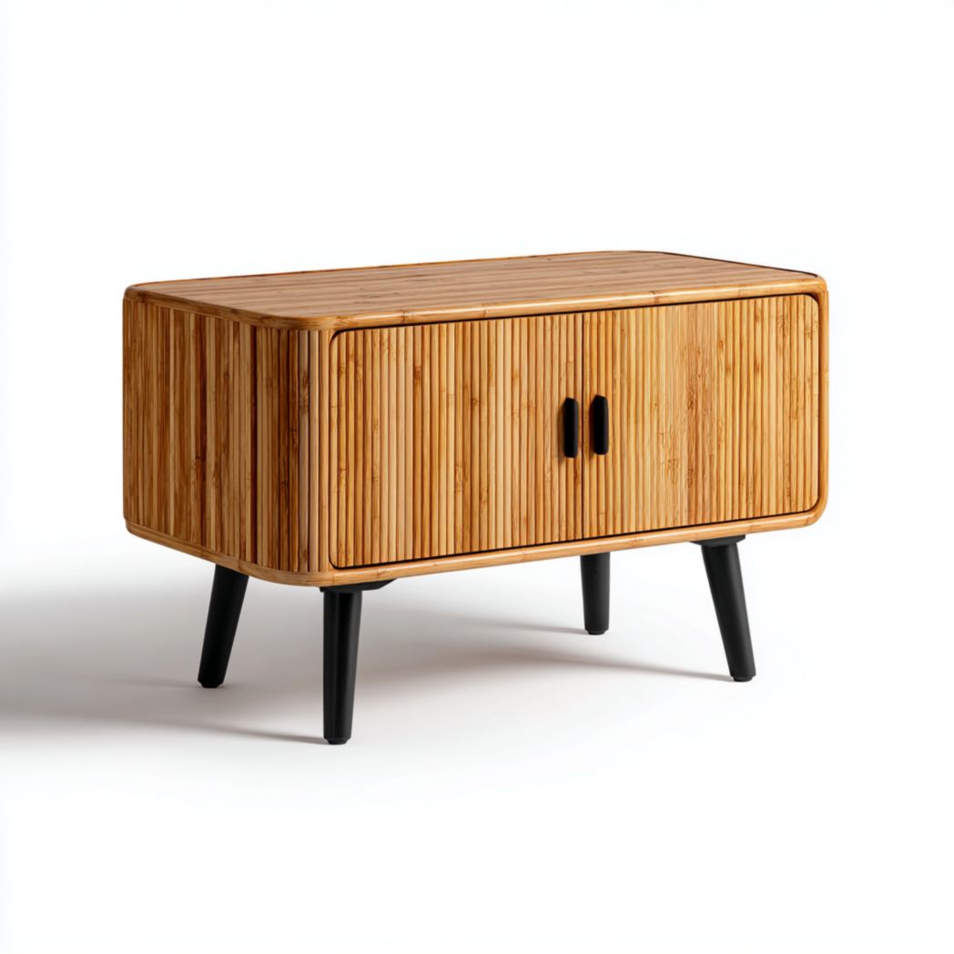 Table basse à deux portes en bambou avec pieds et poignées en bois noir