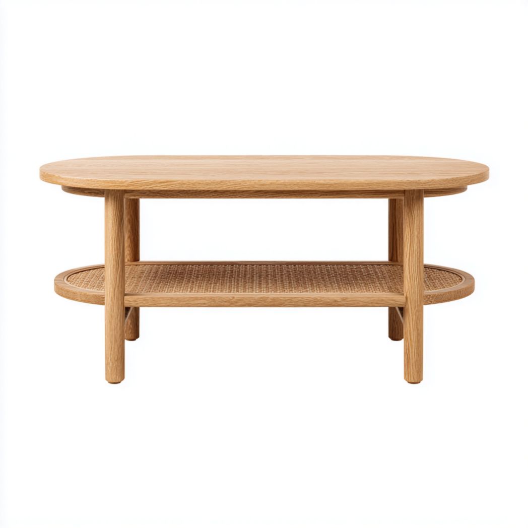 Table basse ovale marron clair à deux niveaux avec étagère tressée