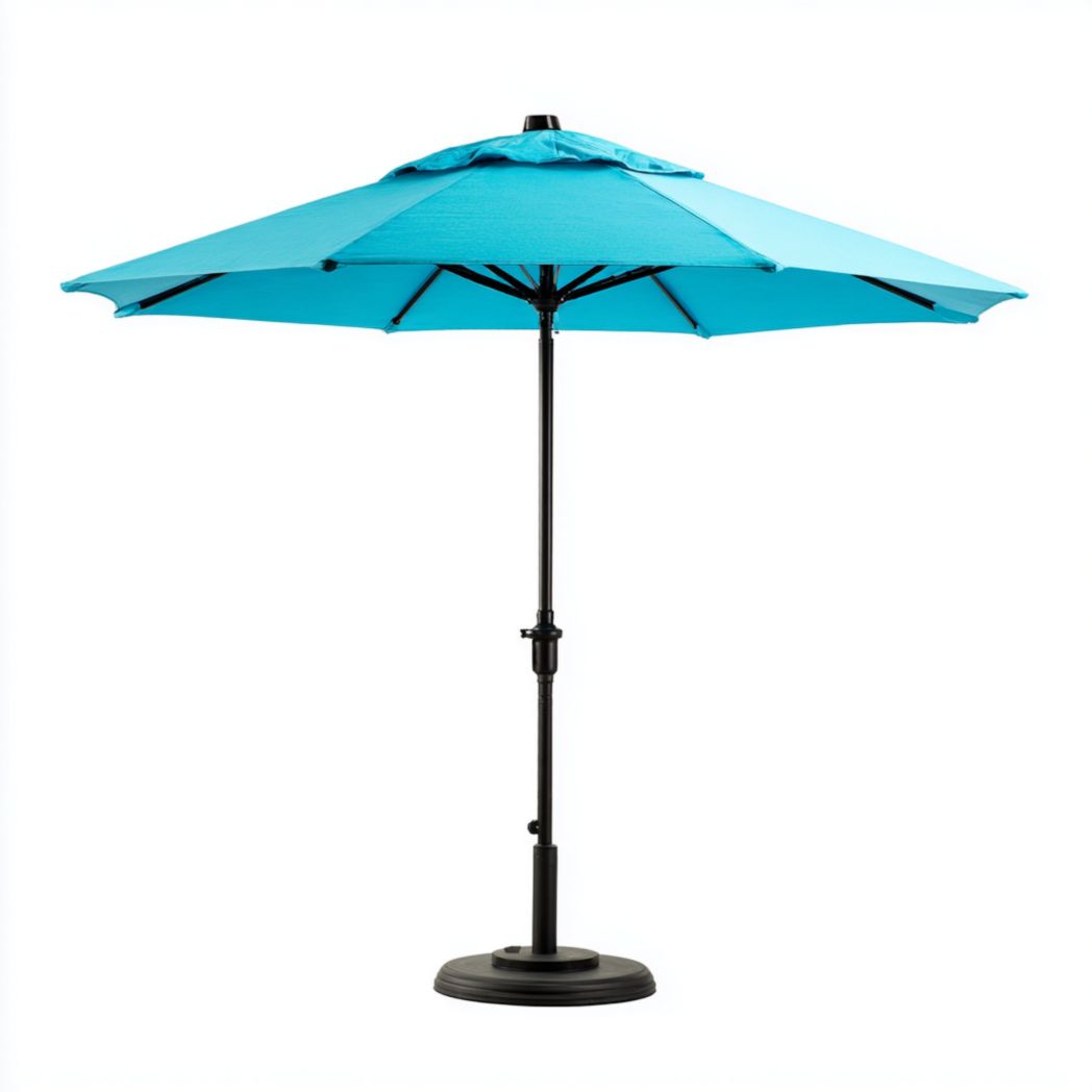 Parasol avec toile en polyester bleue, mât et base en aluminium noirs