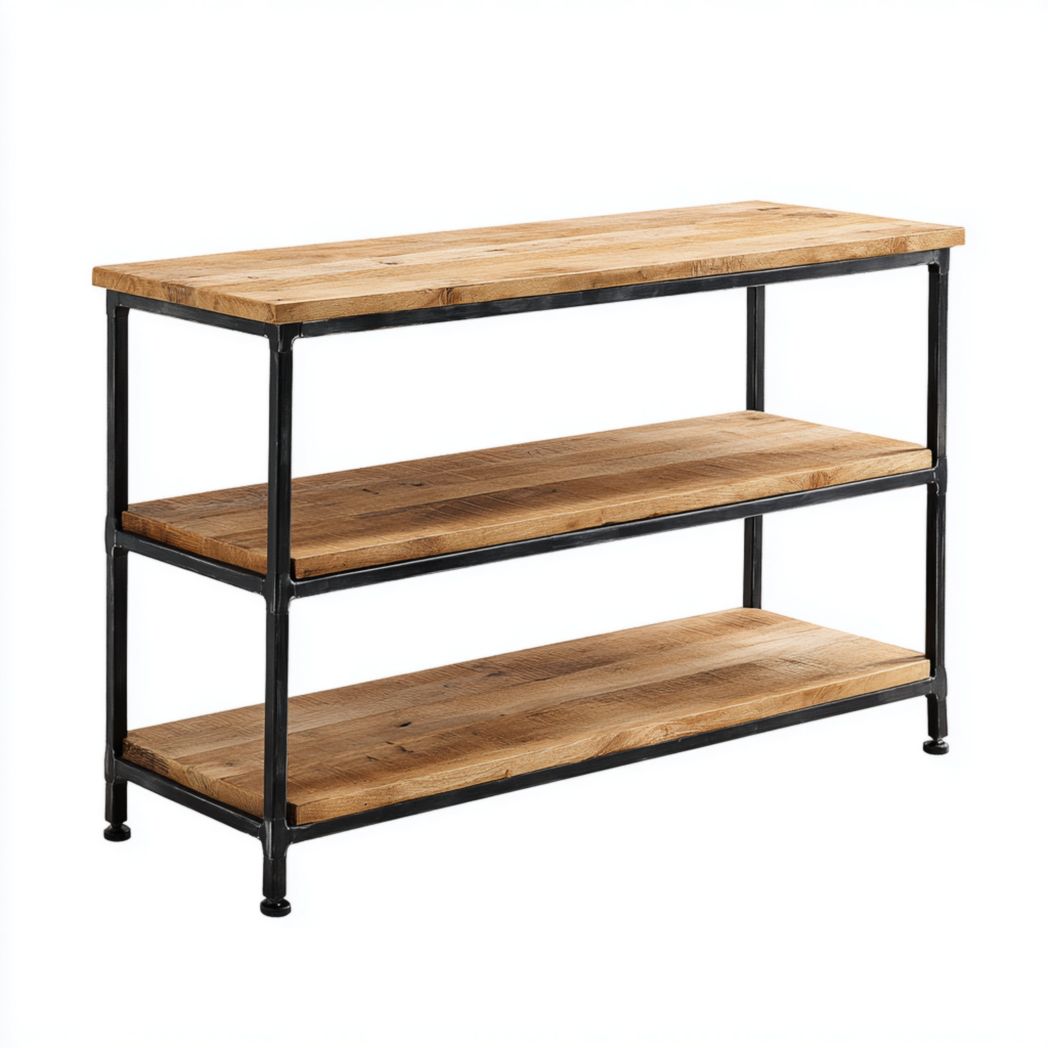 Console en bois brun clair et métal noir à trois niveaux