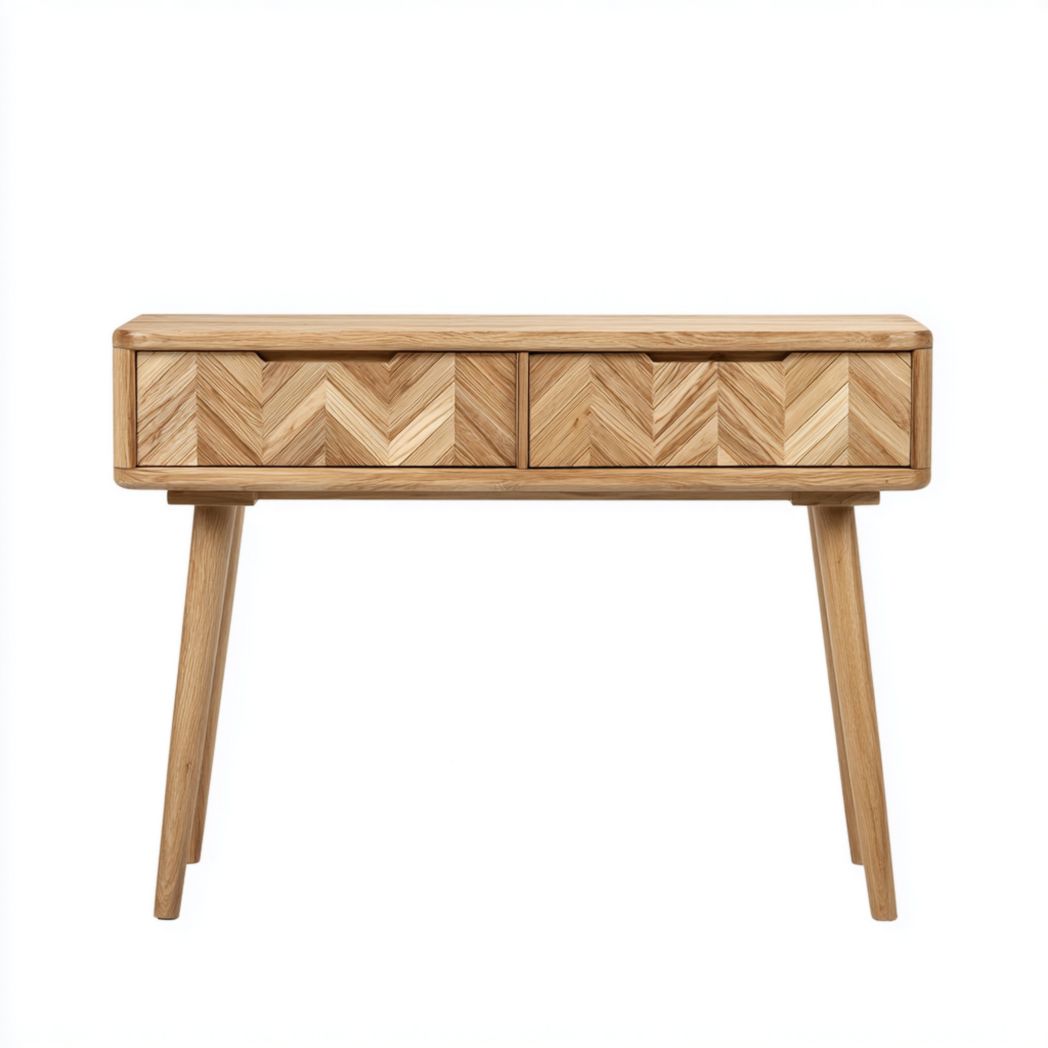 Console en bois brun clair avec deux tiroirs et surface à motifs chevrons