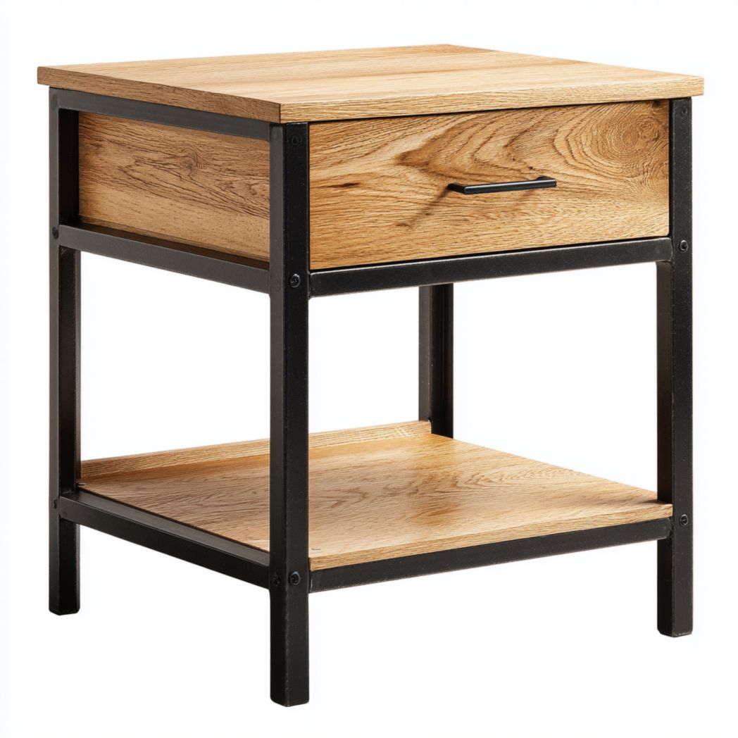 Table de chevet brun clair en MDF et métal avec tiroir et étagère ouverte