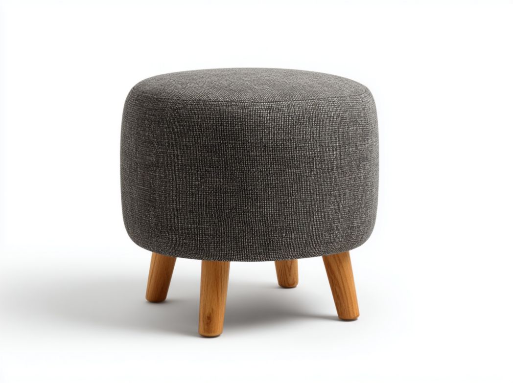 Tabouret rond tissu gris avec pieds en bois brun clair