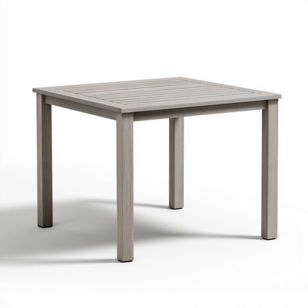 Table de jardin carrée en bois gris clair, plateau à lattes
