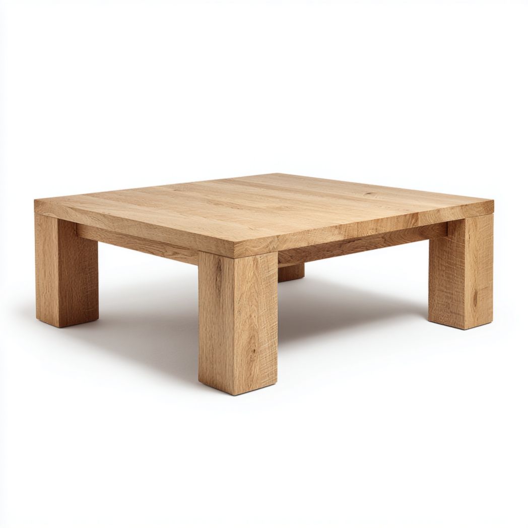 Table basse carrée marron clair avec pieds épais