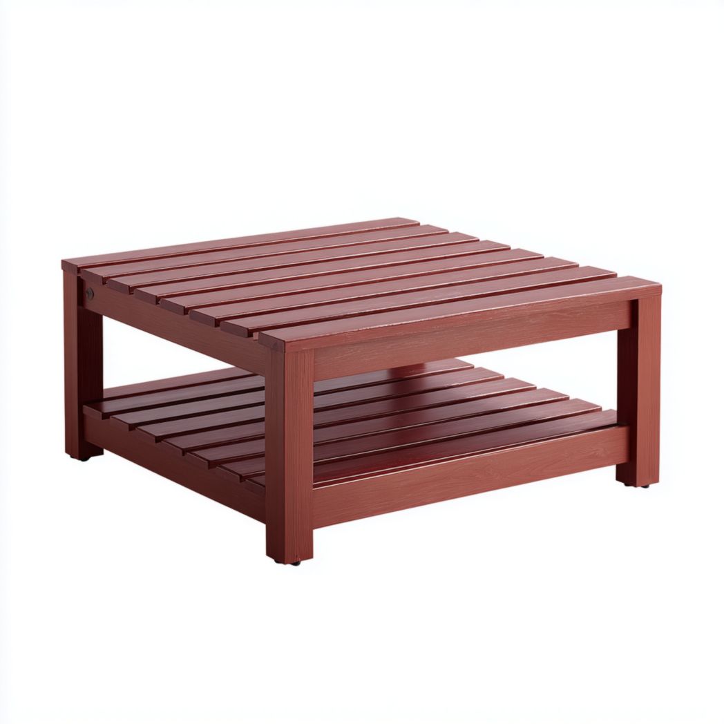 Table de jardin carrée en bois brun rouge avec étagère inférieure