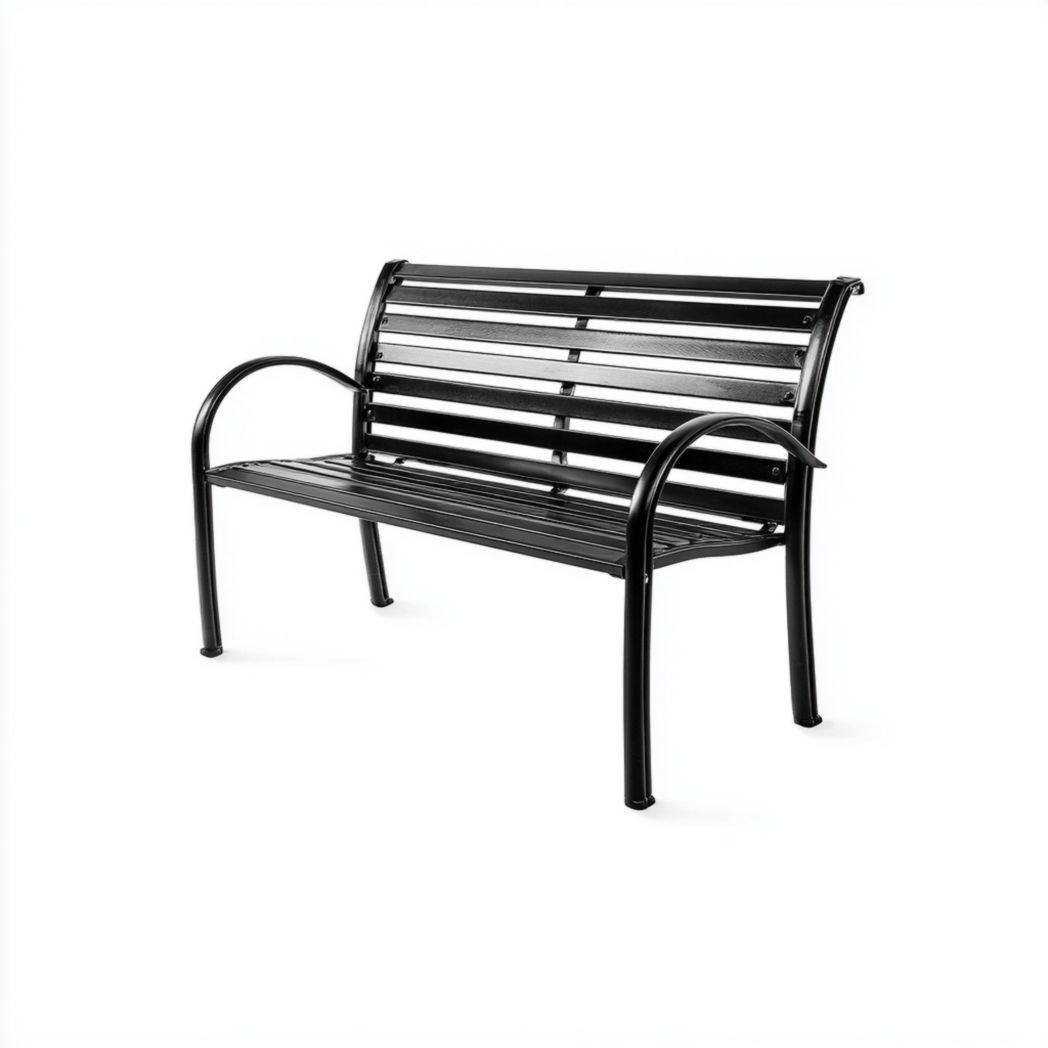 Banc de jardin en métal noir, dossier et assise à lattes avec accoudoirs courbés