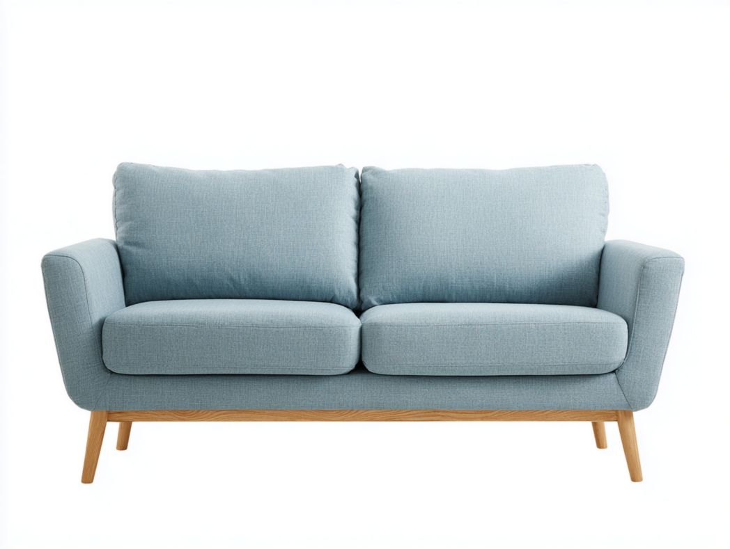 Canapé 2 places tissu polyester bleu clair avec pieds brun clair