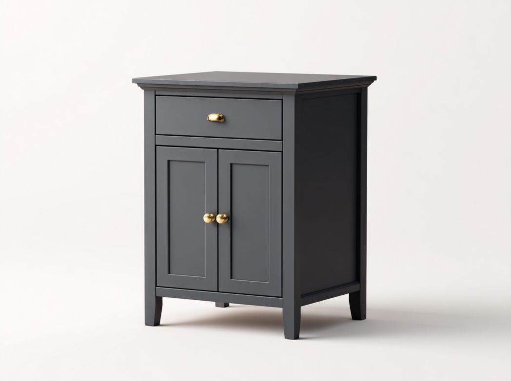 Table de chevet gris foncé en MDF avec un tiroir, deux portes et poignées en métal doré