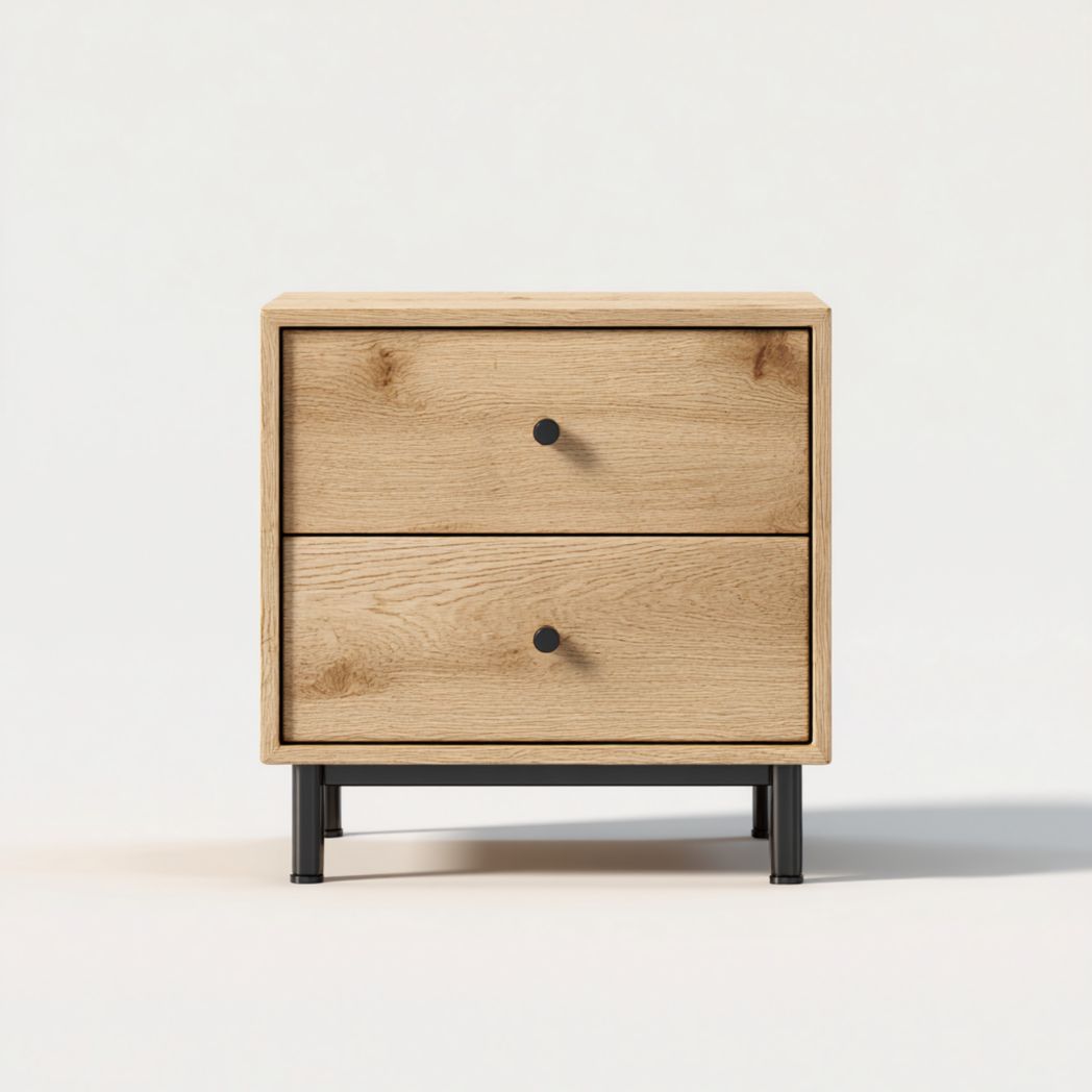 Table de chevet brun clair avec poignées noires et pieds métalliques noirs