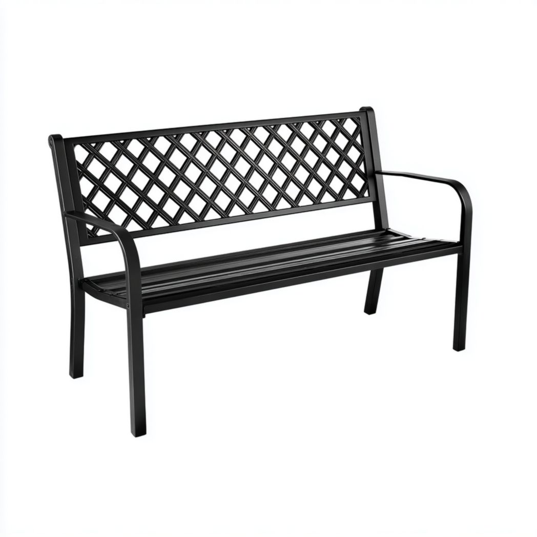 Banc de jardin en métal noir, dossier à motif losange ajouré