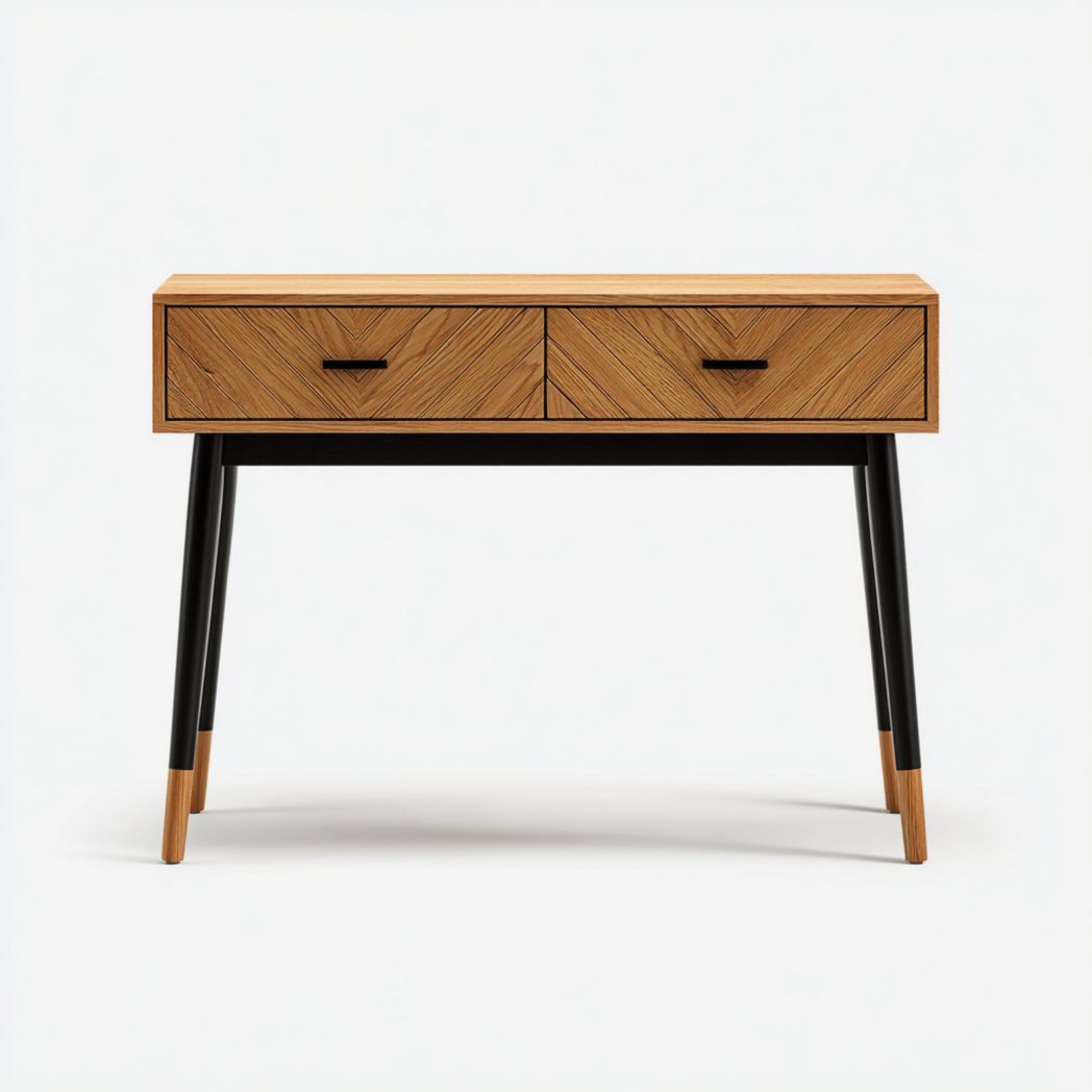 Console marron clair avec deux tiroirs et structure noire à extrémités marron clair