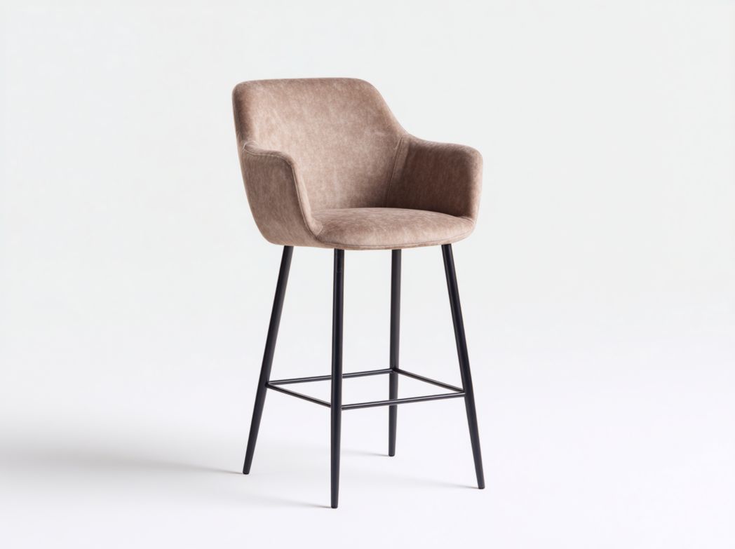 Tabouret de bar avec assise en velours brun clair et pieds en métal noir
