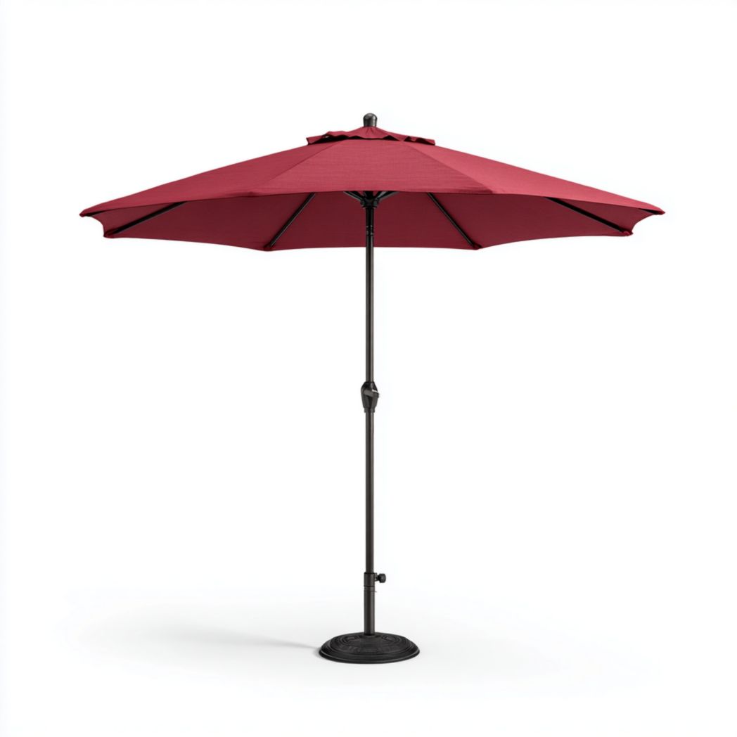 Parasol avec toile en polyester rouge bordeaux, mât et base en aluminium noir