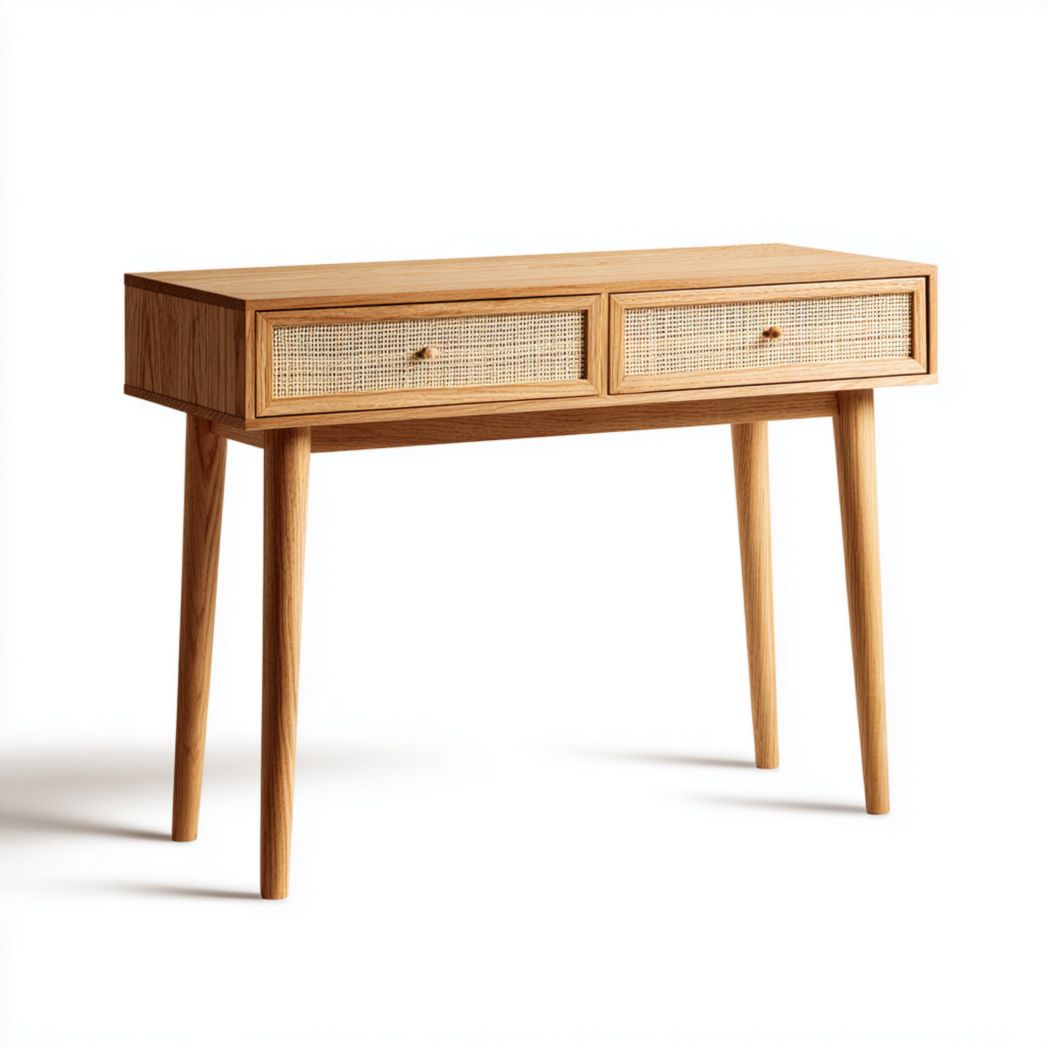 Console marron clair à deux tiroirs en rotin avec poignées rondes