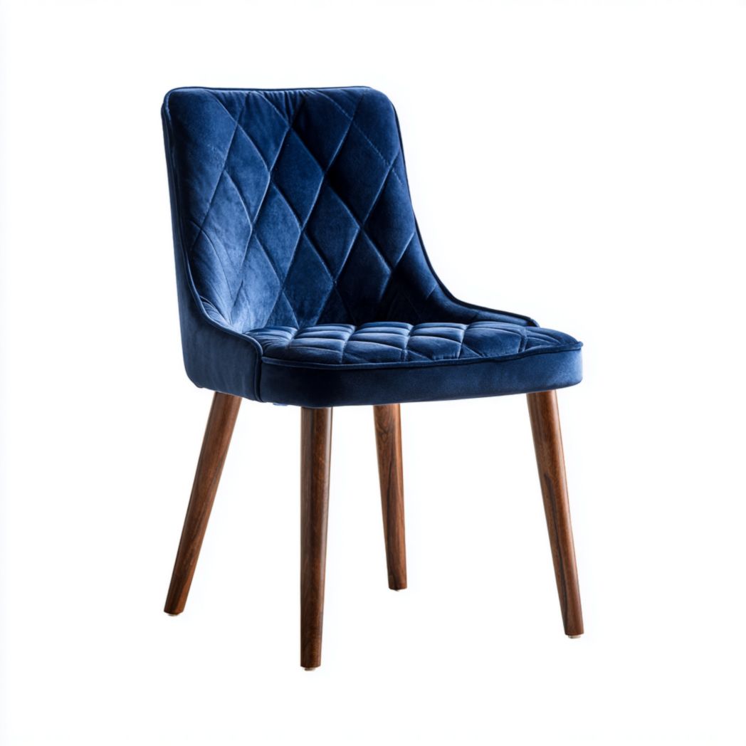Chaise à manger en velours bleu foncé avec couture losange et pieds en bois brun foncé