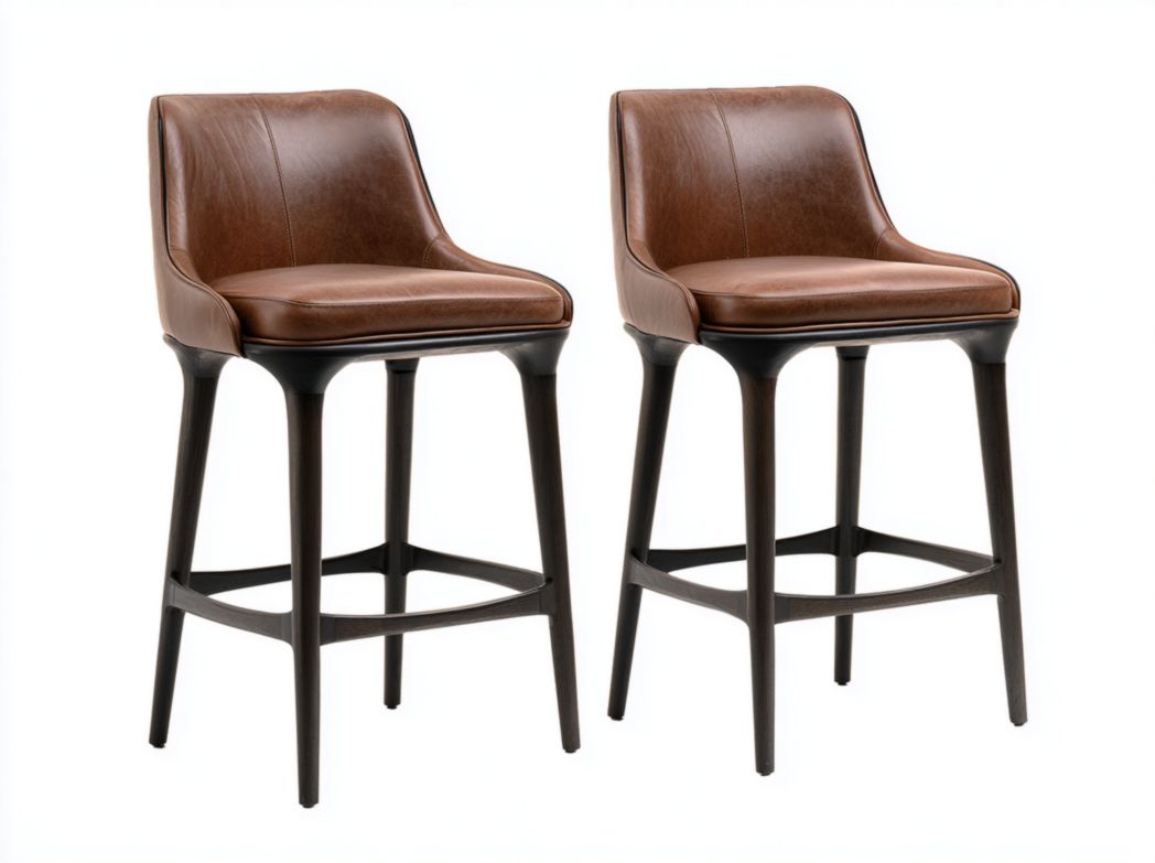 Lot de 2 tabourets de bar similicuir marron pieds en bois brun foncé