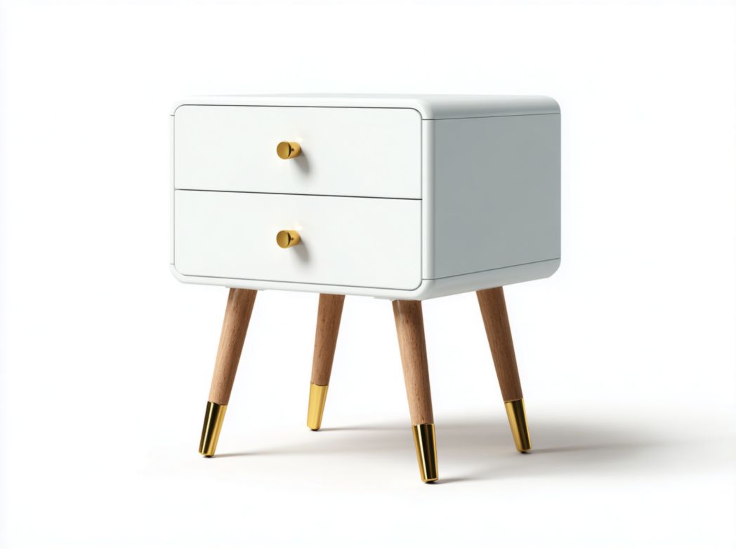 Table de chevet blanche en MDF et bois massif avec pieds à embouts dorés et poignées dorées