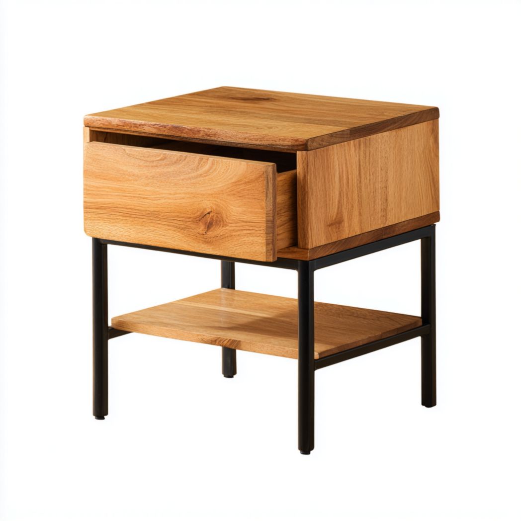 Table de chevet brun clair en bois massif avec tiroir et structure métallique noire