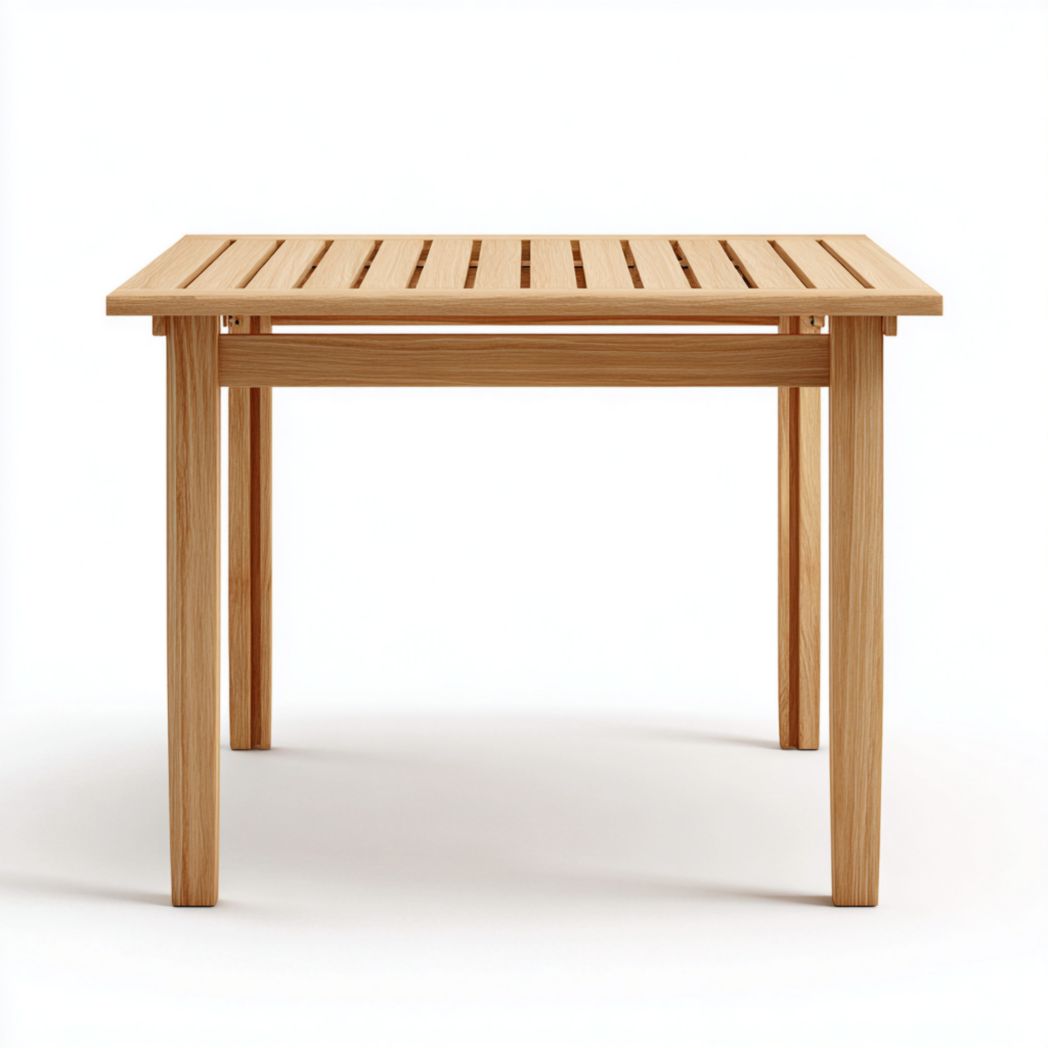 Table de jardin carrée brun clair à lattes en bois avec structure à traverse