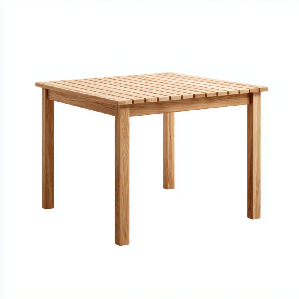 Table de jardin carrée brun clair à lattes en bois avec pieds droits