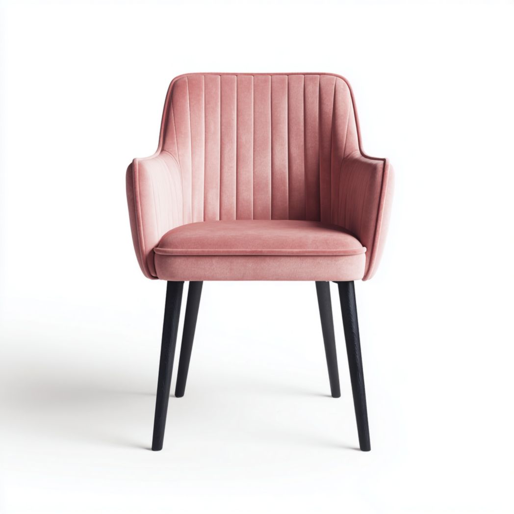 Chaise à manger en velours rose avec accoudoirs et pieds noirs