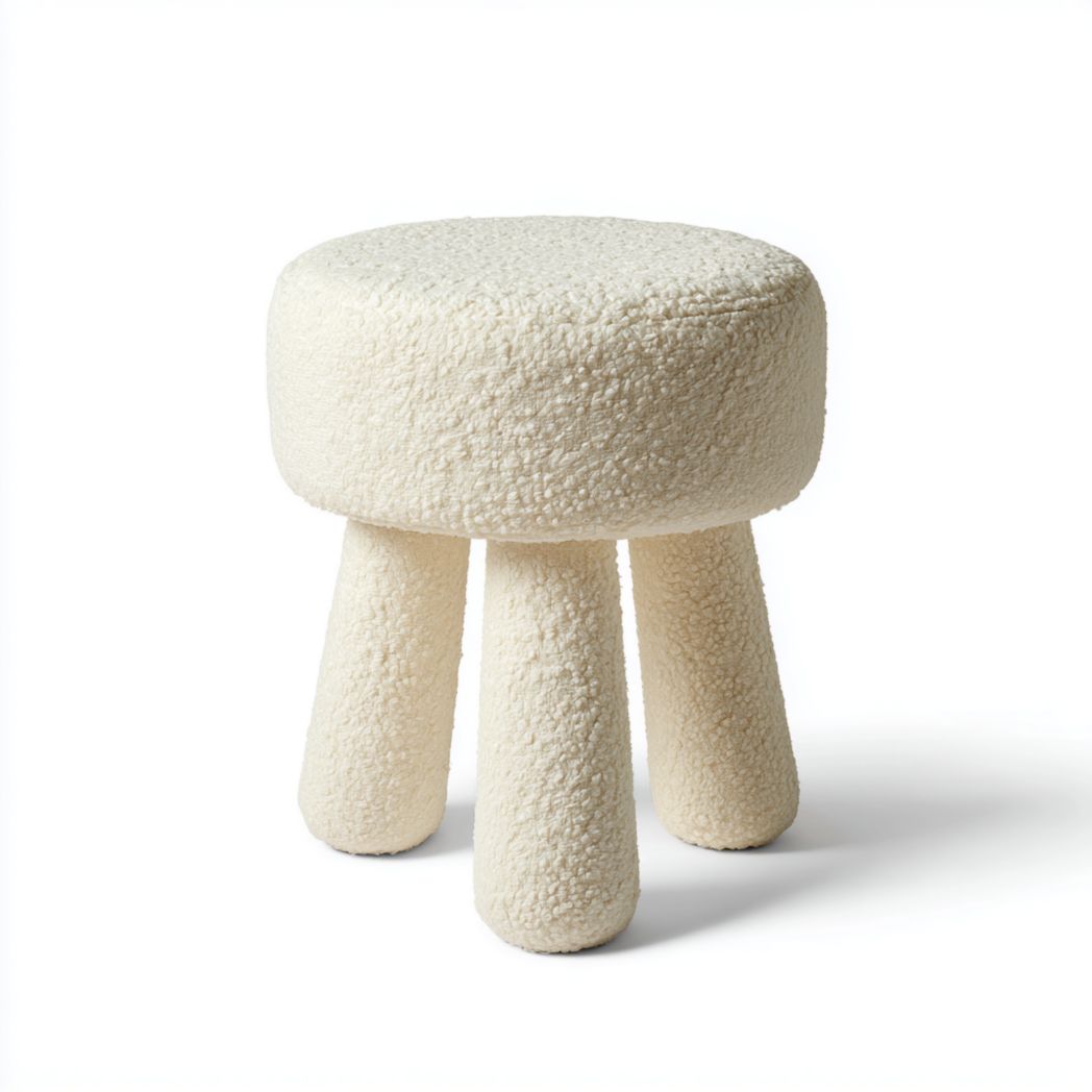 Tabouret rond tissu effet mouton blanc cassé