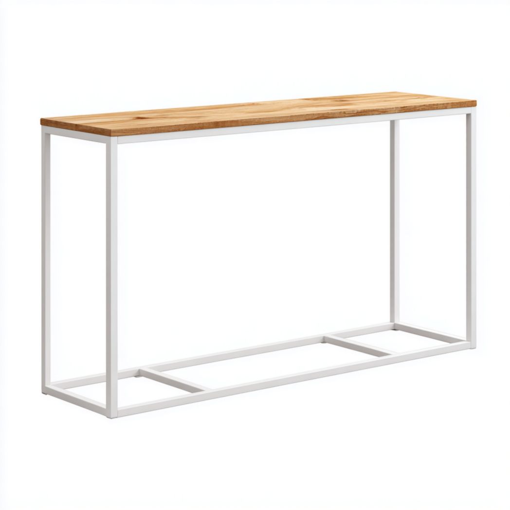 Console avec plateau en bois brun clair et structure en métal blanc