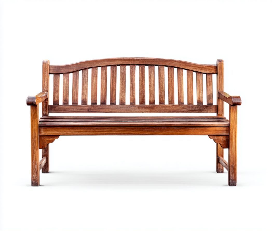 Banc de jardin en bois brun foncé, dossier courbé à lattes verticales