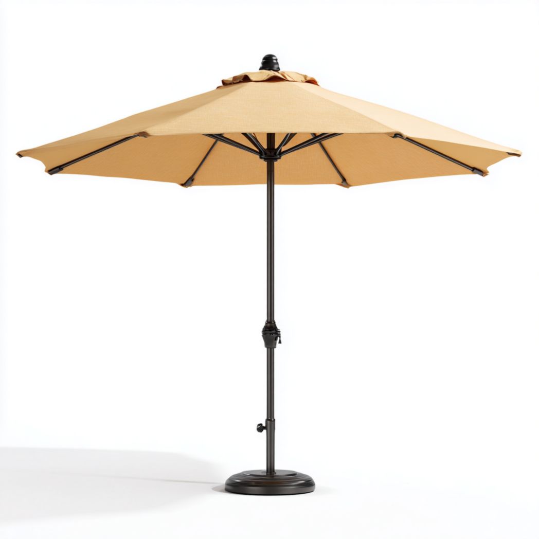 Parasol rond en polyester beige, mât et base métalliques noirs