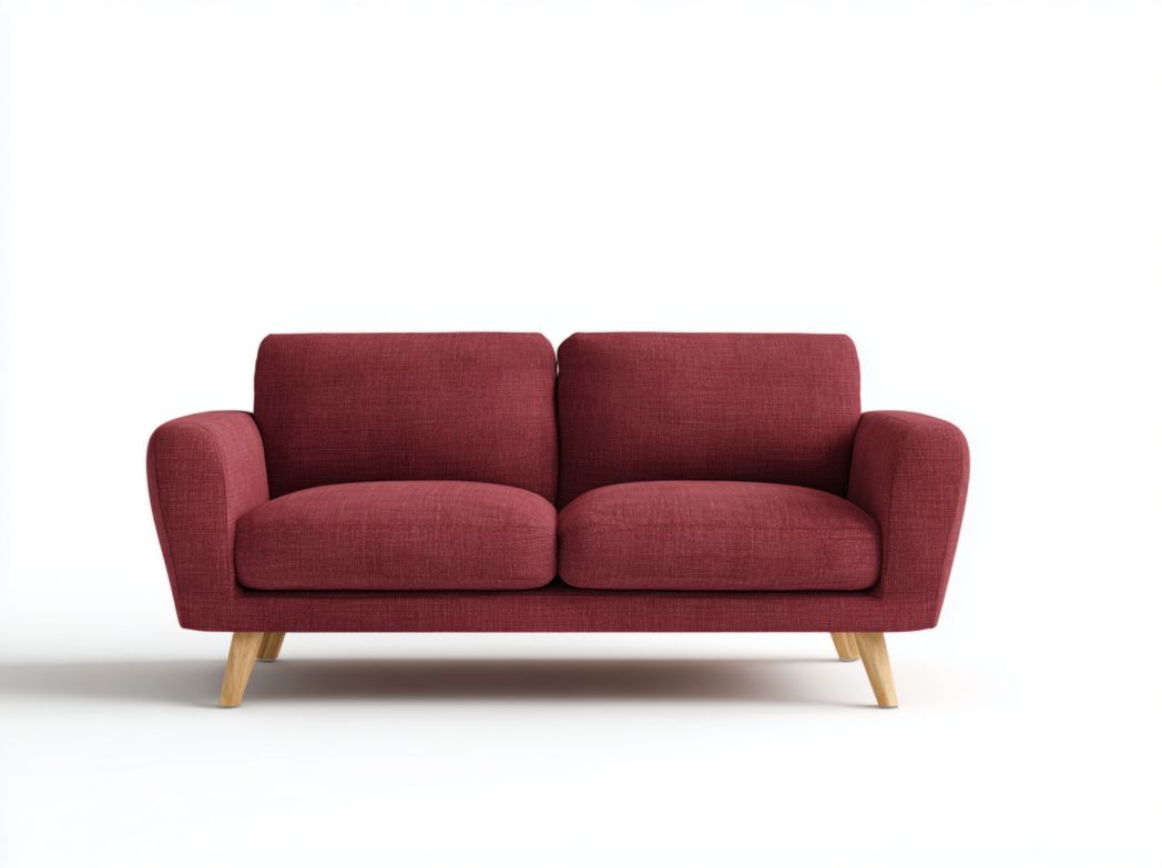 Canapé 2 places tissu polyester bordeaux avec pieds brun clair