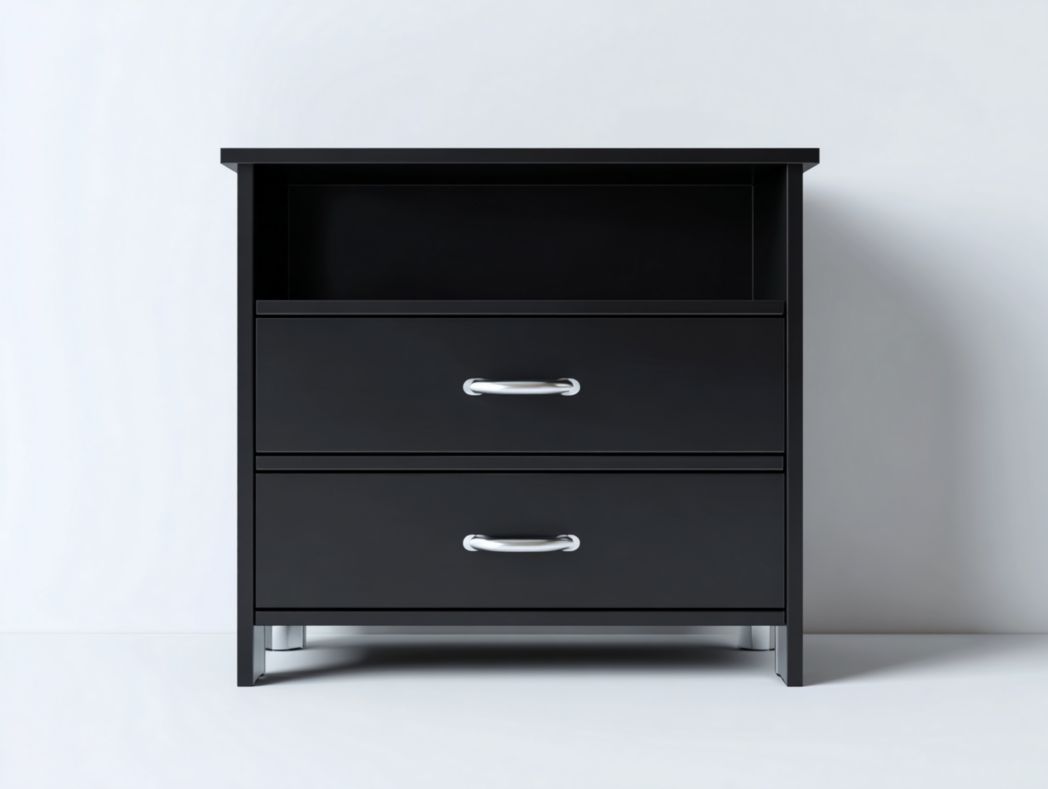 Meuble à chaussures 2 tiroirs noir avec poignées et pieds métalliques argentés