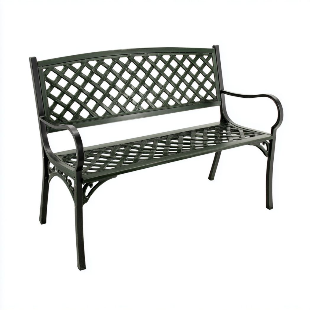 Banc de jardin en métal vert foncé, dossier à motif croisé et accoudoirs courbés
