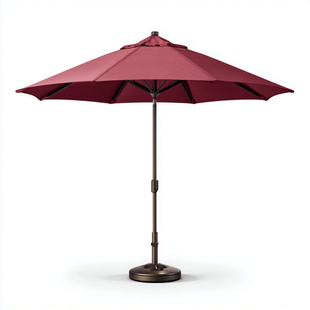 Parasol rond en polyester bordeaux, mât et base métalliques brun foncé
