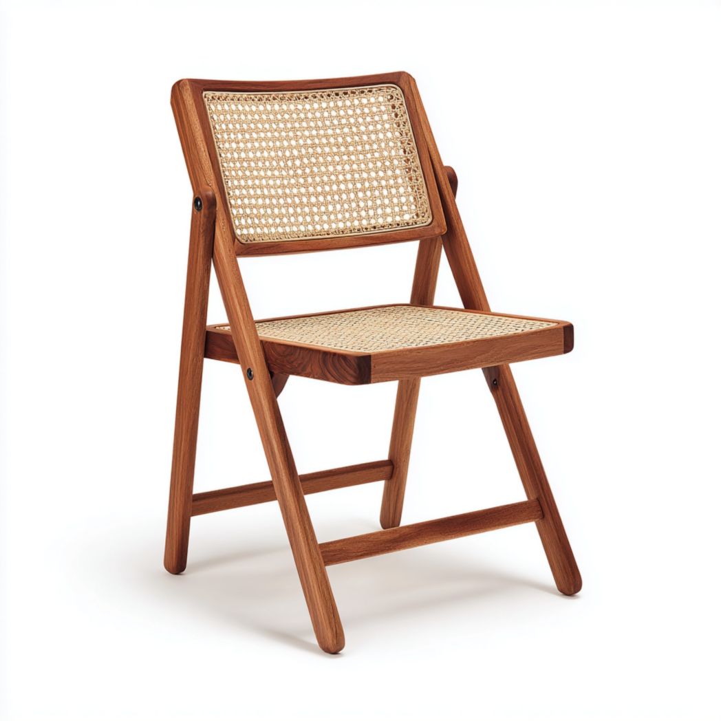 Chaise à manger pliante en bois brun avec assise et dossier en rotin beige