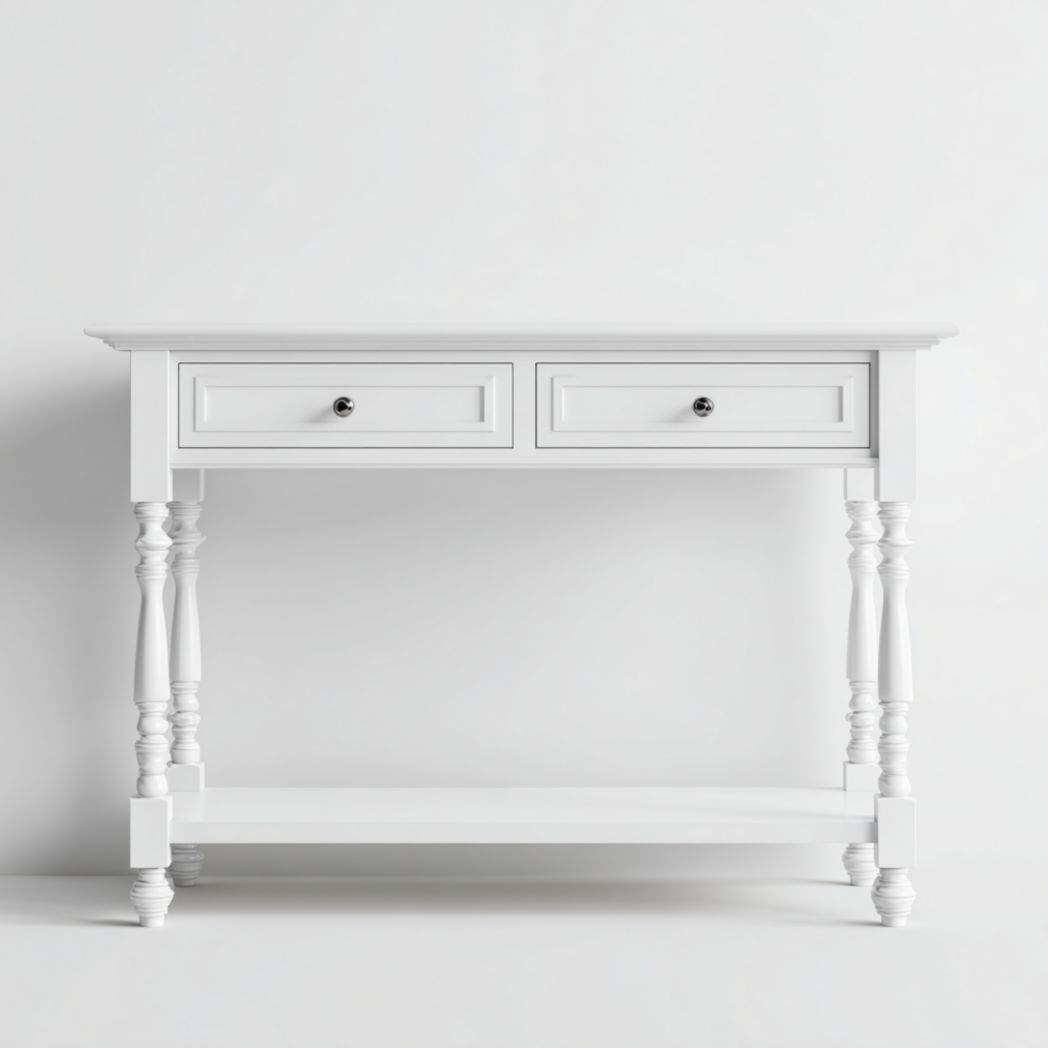 Console en bois blanc avec deux tiroirs et étagère inférieure