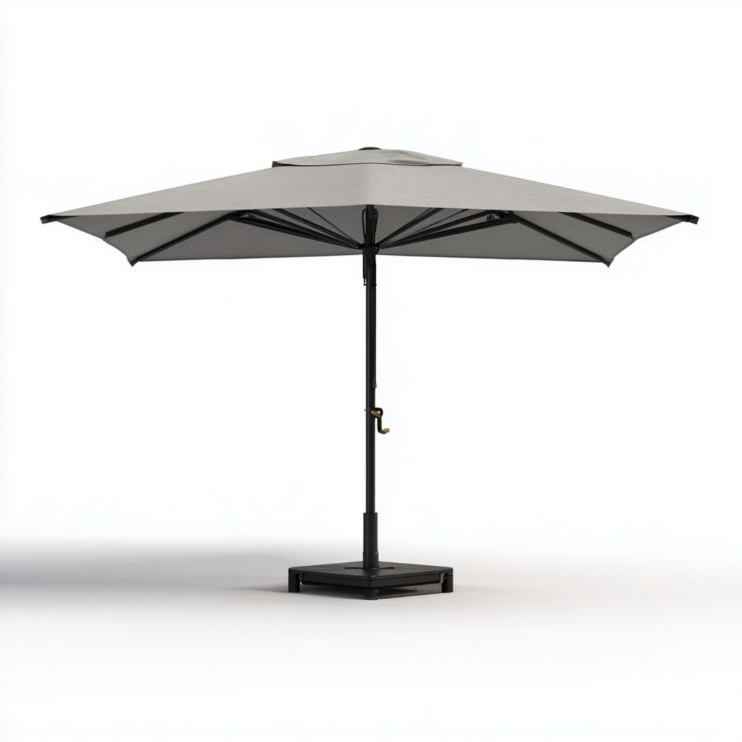 Parasol rond en polyester gris clair, mât et base carrée en métal noir