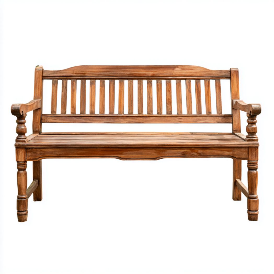 Banc de jardin en bois brun, dossier à lattes verticales et pieds tournés sculptés