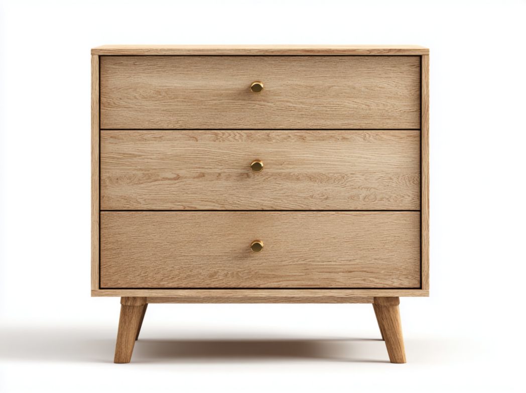 Table de chevet marron clair en bois avec trois tiroirs et poignées en métal doré