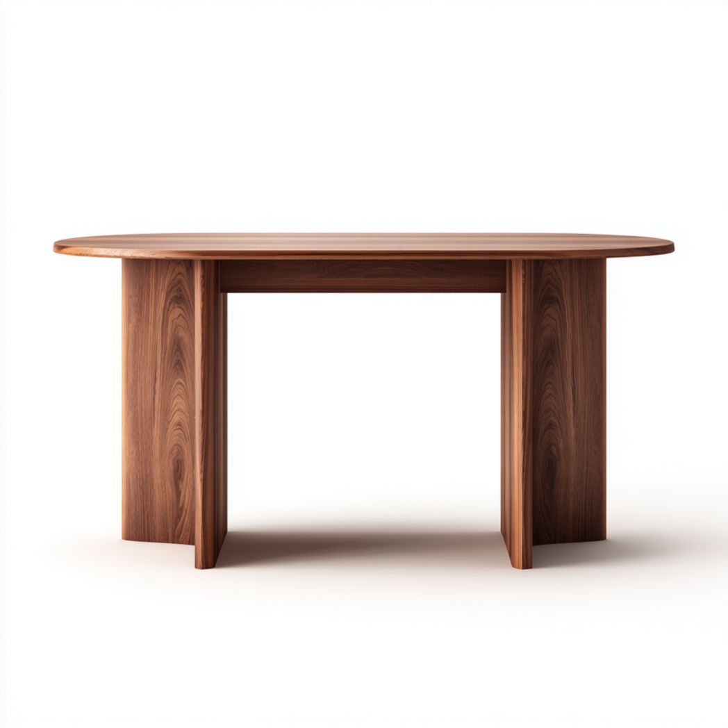 Console en bois brun avec plateau ovale et structure en panneaux