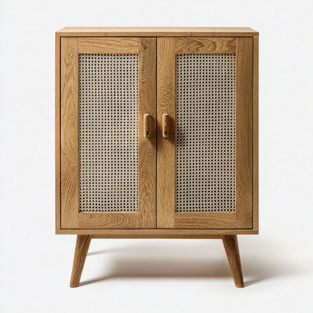 Meuble à chaussures 2 portes brun clair avec portes en rotin beige et poignées brun clair