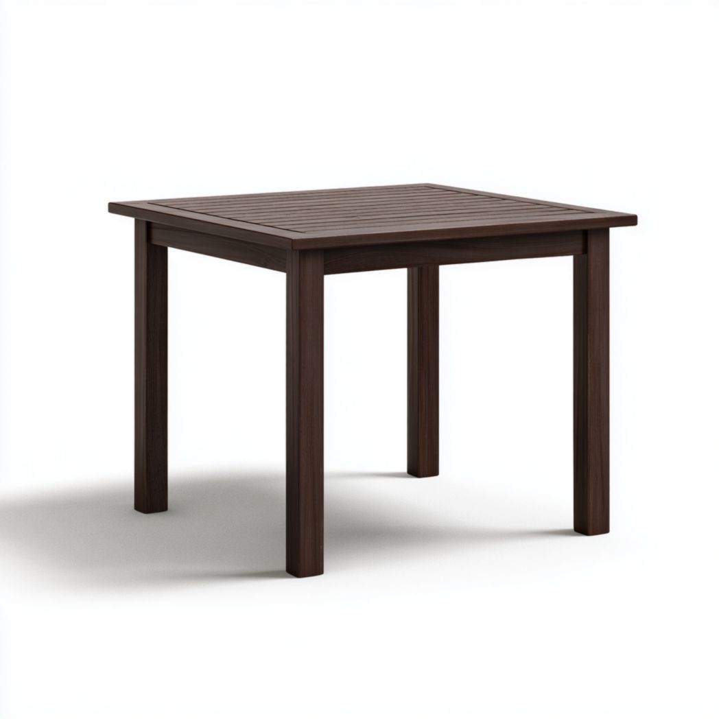 Table de jardin carrée en bois brun foncé, plateau à lattes