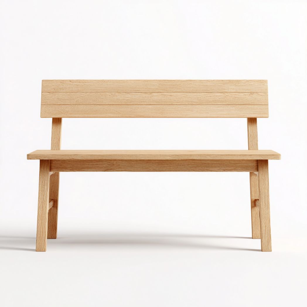 Banc de jardin en bois brun clair, assise et dossier plats de même couleur